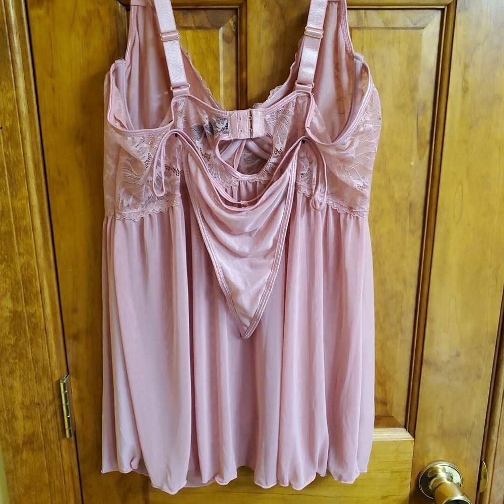Carrie Amber Intimates Pink Lace Babydoll And Mesh G-string (New) - Picture 5 of 7